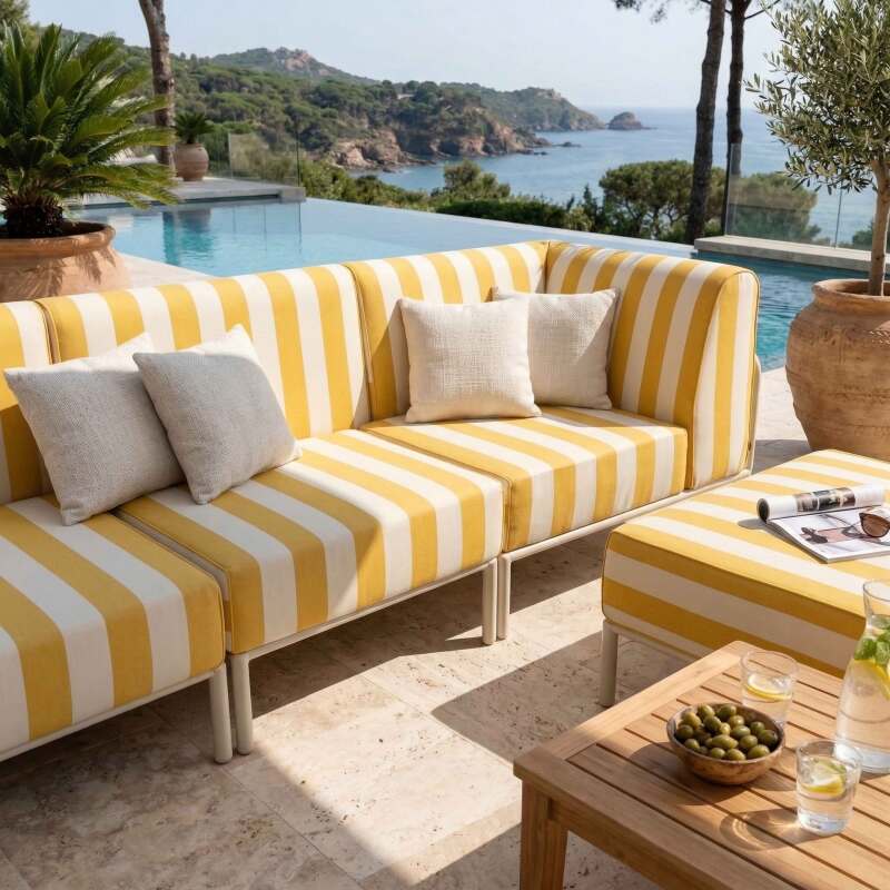Sofá modular de exterior a rayas para 4 personas con 1 sillón, 1 sillón esquinero, 1 chaise longue y 1 puf (3/8)