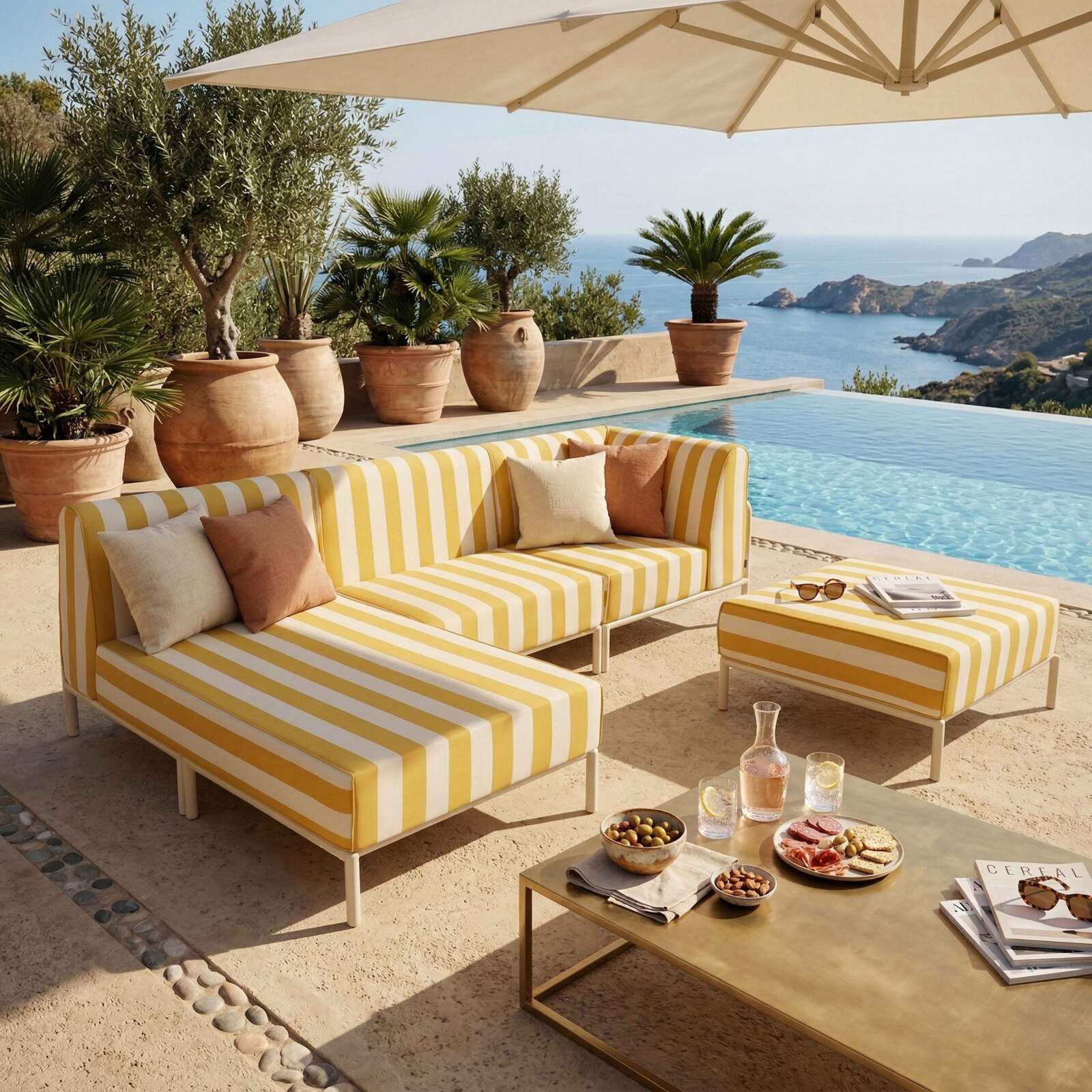 Sofá modular de exterior a rayas para 4 personas con 1 sillón, 1 sillón esquinero, 1 chaise longue y 1 puf