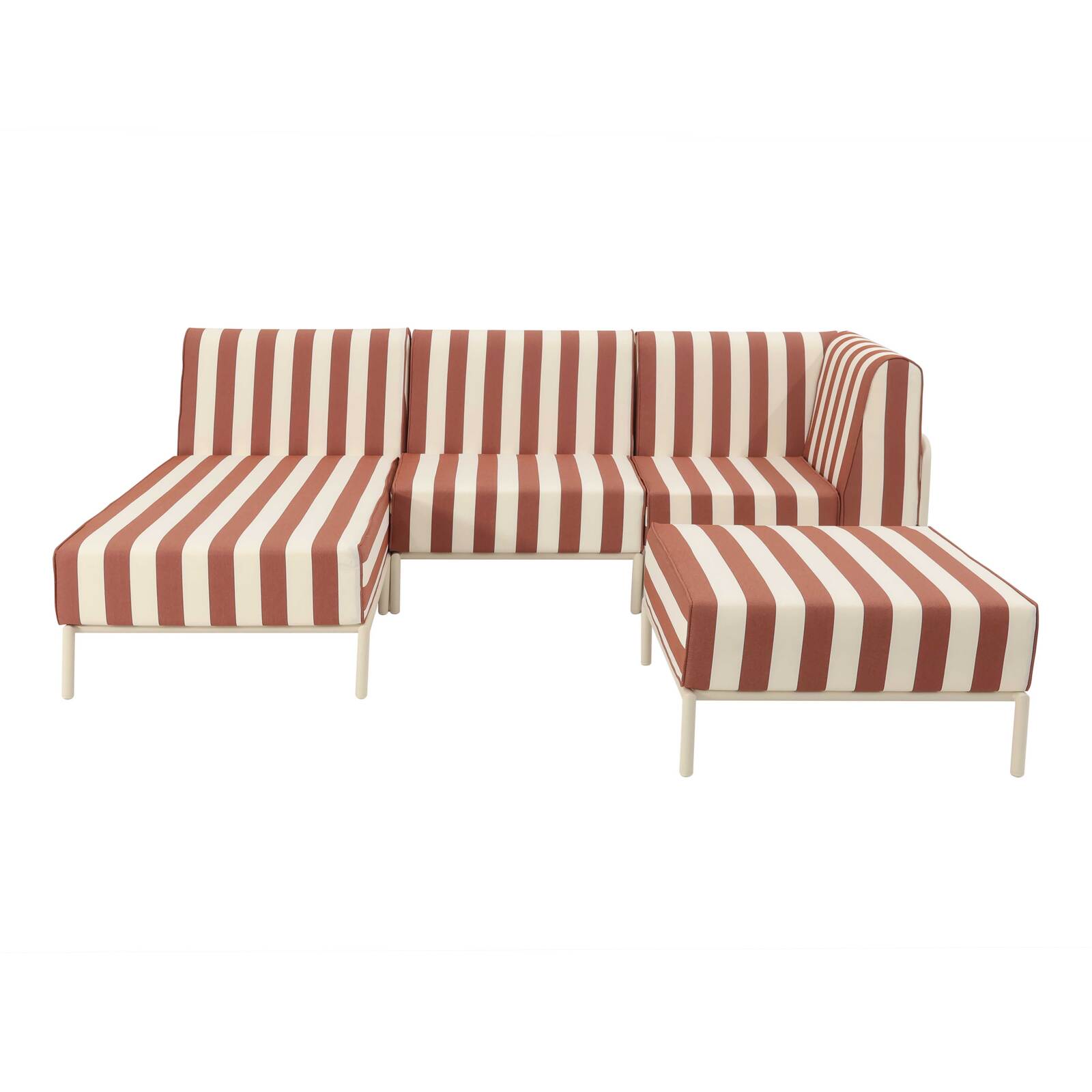 Sofá modular de exterior a rayas para 4 personas con 1 sillón, 1 sillón esquinero, 1 chaise longue y 1 puf