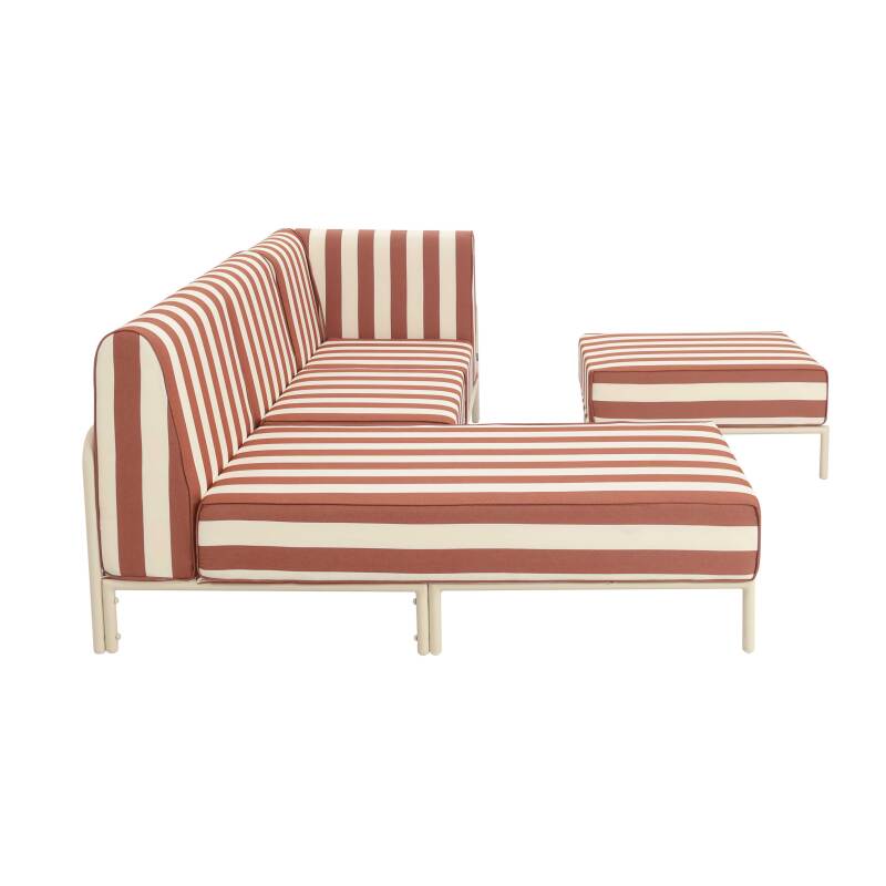 Sofá modular de exterior a rayas para 4 personas con 1 sillón, 1 sillón esquinero, 1 chaise longue y 1 puf (5/6)