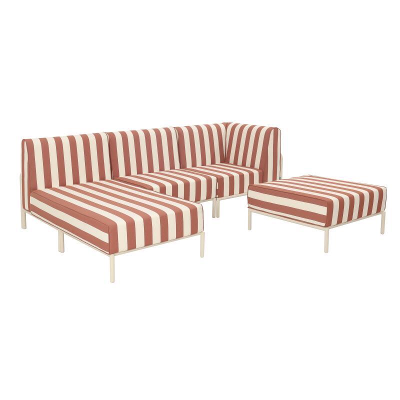 Sofá modular de exterior a rayas para 4 personas con 1 sillón, 1 sillón esquinero, 1 chaise longue y 1 puf