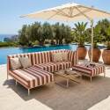 Sofá modular de exterior a rayas para 4 personas con 1 sillón, 1 sillón esquinero, 1 chaise longue y 1 puf
