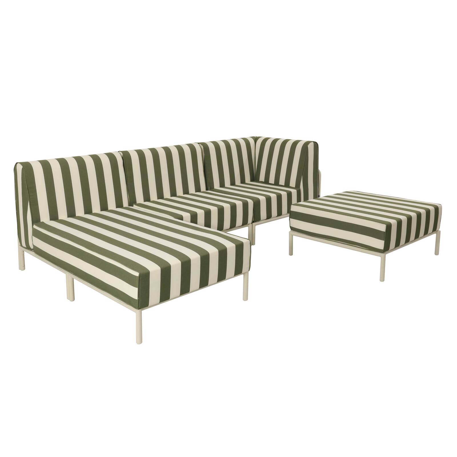 Sofá modular de exterior a rayas para 4 personas con 1 sillón, 1 sillón esquinero, 1 chaise longue y 1 puf