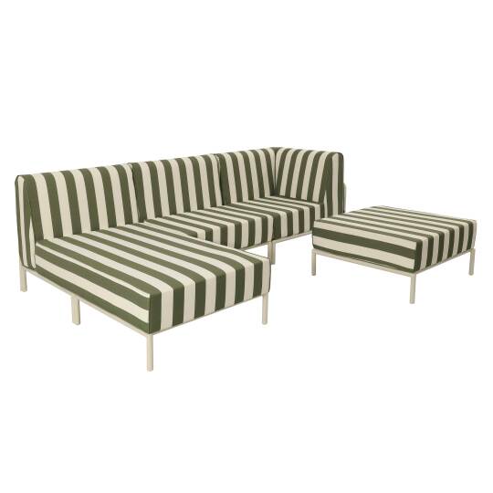 Sofá modular de exterior a rayas para 4 personas con 1 sillón, 1 sillón esquinero, 1 chaise longue y 1 puf | Oviala