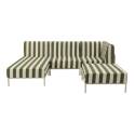 Sofá modular de exterior a rayas para 4 personas con 1 sillón, 1 sillón esquinero, 1 chaise longue y 1 puf