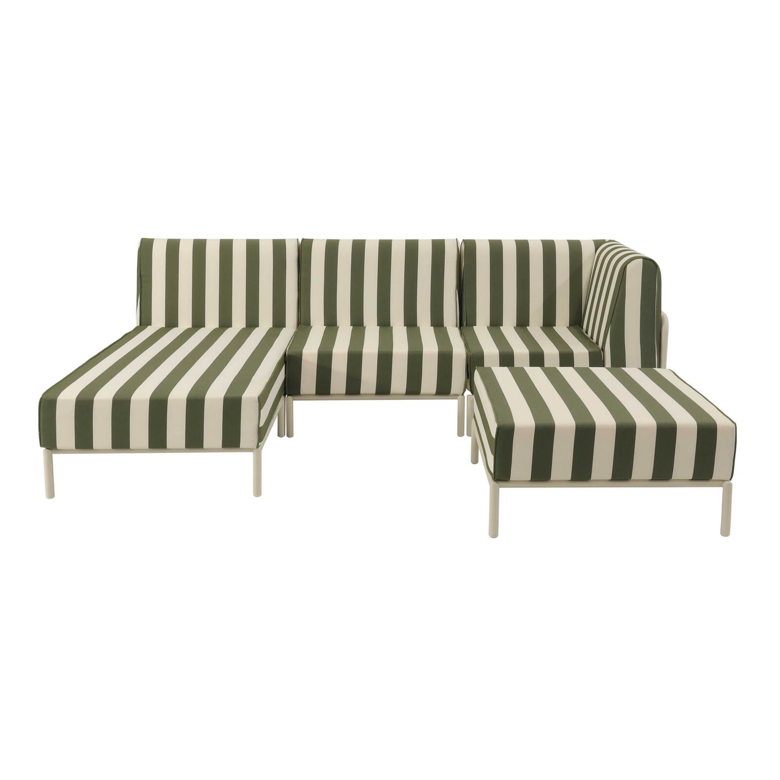 Sofá modular de exterior a rayas para 4 personas con 1 sillón, 1 sillón esquinero, 1 chaise longue y 1 puf