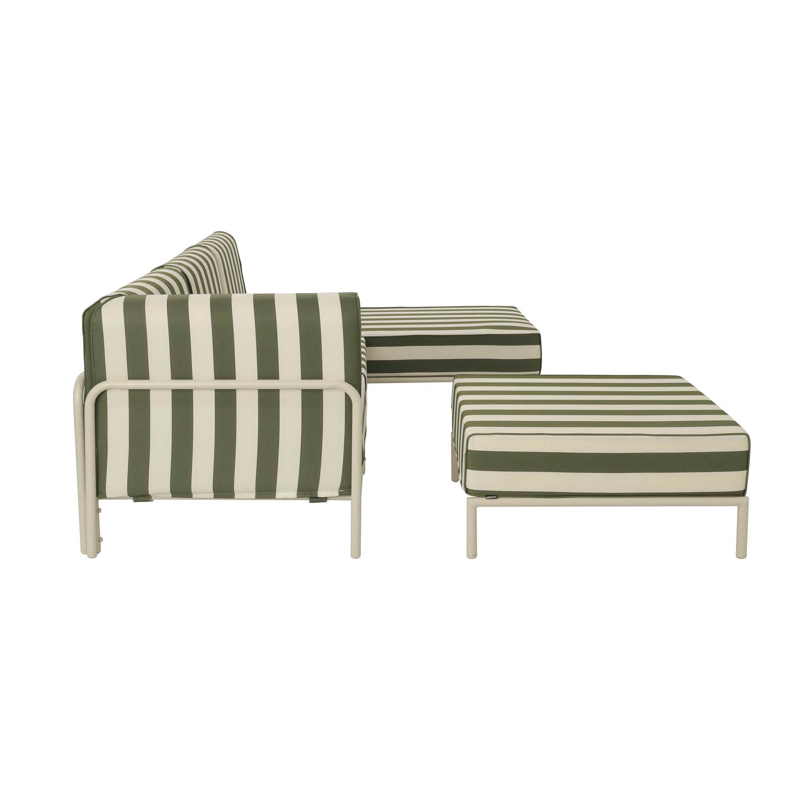 Sofá modular de exterior a rayas para 4 personas con 1 sillón, 1 sillón esquinero, 1 chaise longue y 1 puf