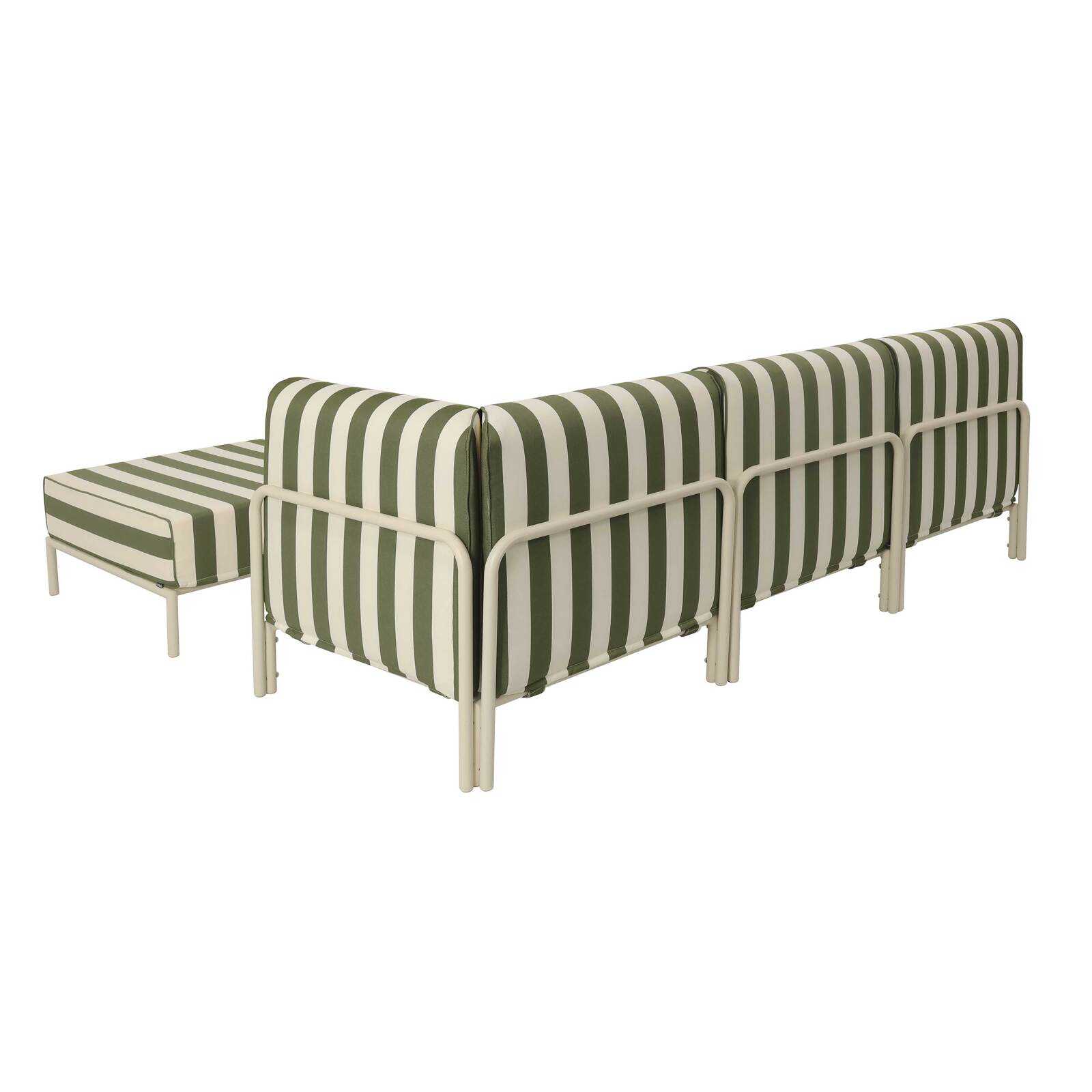 Sofá modular de exterior a rayas para 4 personas con 1 sillón, 1 sillón esquinero, 1 chaise longue y 1 puf