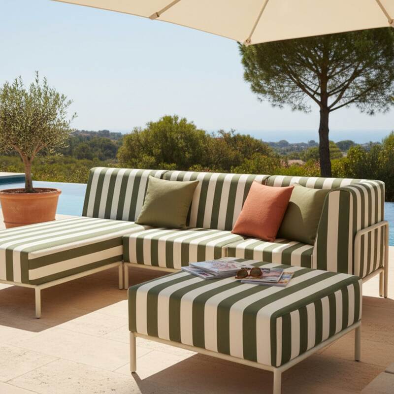 Sofá modular de exterior a rayas para 4 personas con 1 sillón, 1 sillón esquinero, 1 chaise longue y 1 puf (2/7)