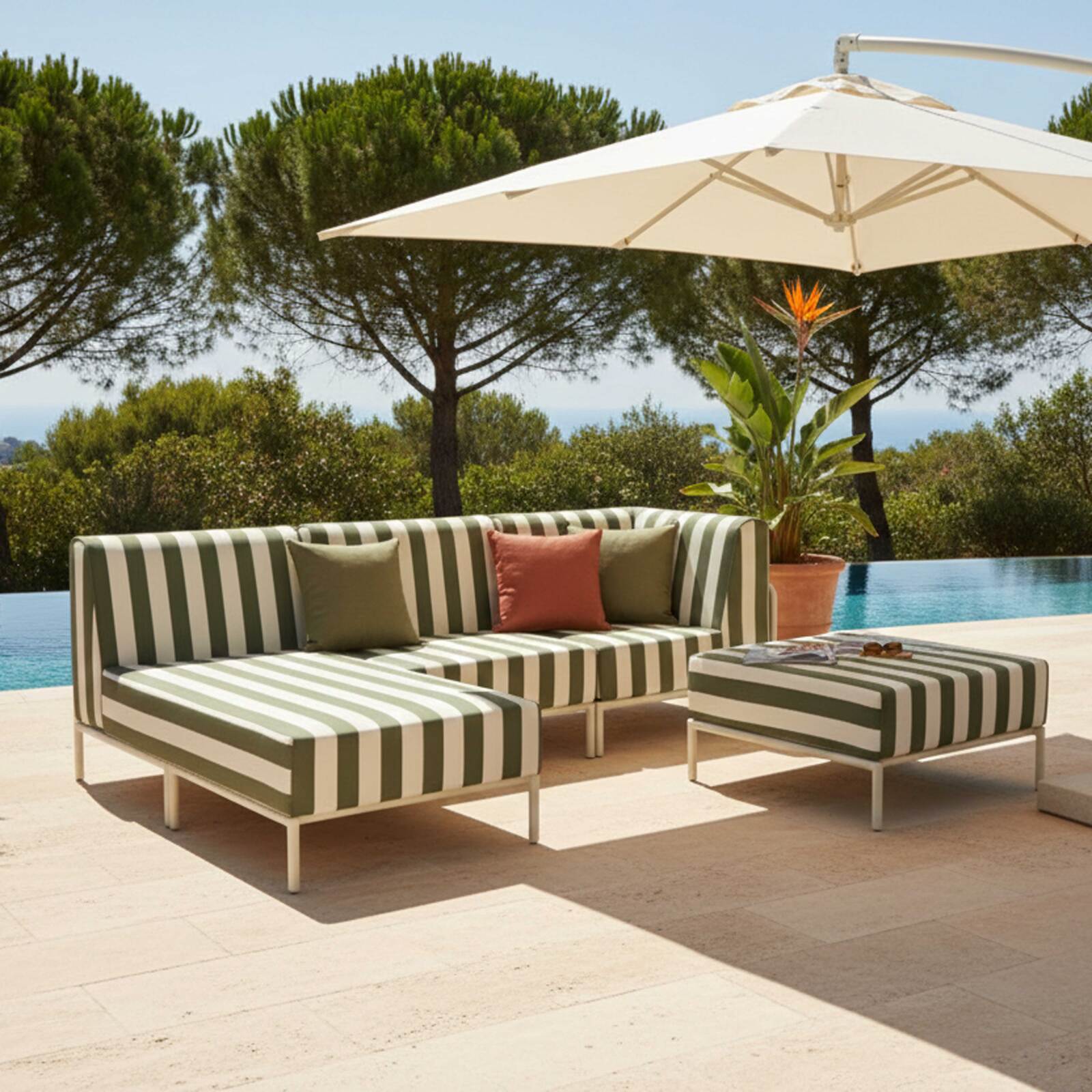 Sofá modular de exterior a rayas para 4 personas con 1 sillón, 1 sillón esquinero, 1 chaise longue y 1 puf