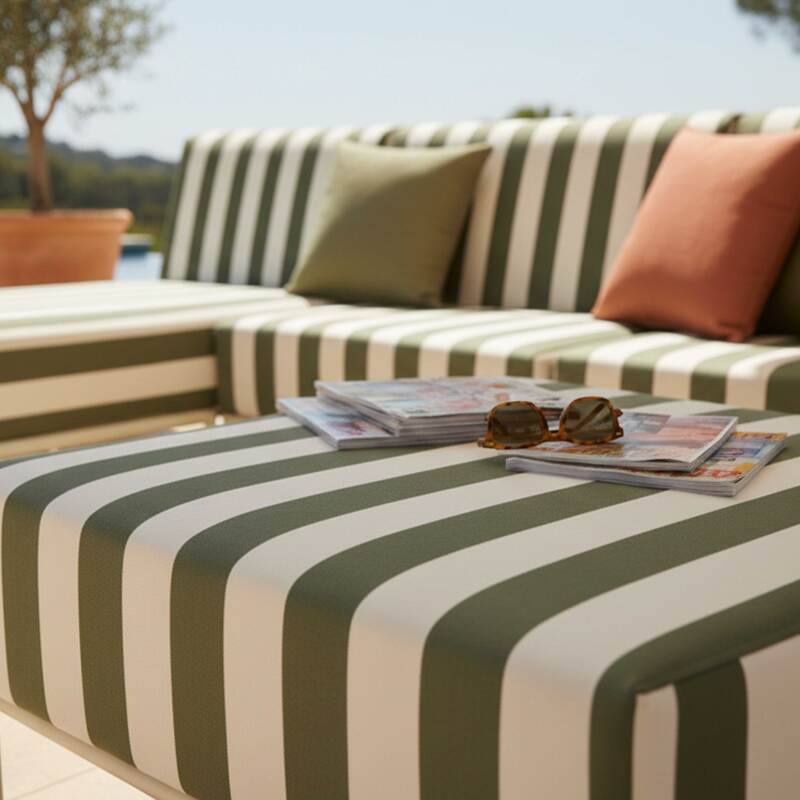 Sofá modular de exterior a rayas para 4 personas con 1 sillón, 1 sillón esquinero, 1 chaise longue y 1 puf (3/7)