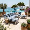 Sofá modular de exterior a rayas para 5 personas con 2 sillones, 1 sillón esquinero, 1 chaise longue y 1 puf