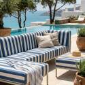 Sofá modular de exterior a rayas para 5 personas con 2 sillones, 1 sillón esquinero, 1 chaise longue y 1 puf