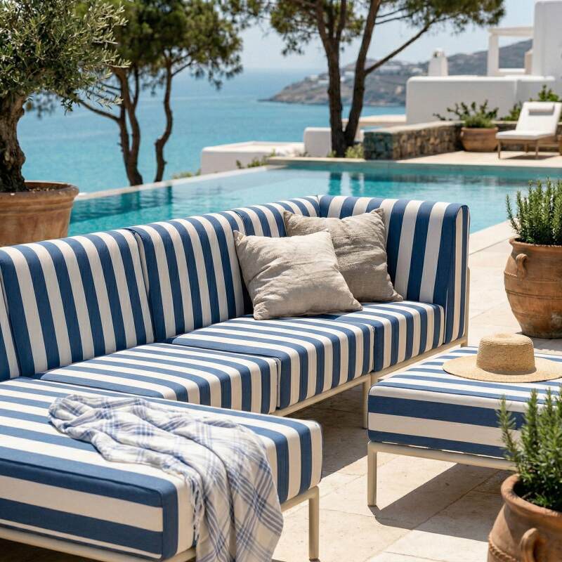 Sofá modular de exterior a rayas para 5 personas con 2 sillones, 1 sillón esquinero, 1 chaise longue y 1 puf (2/7)