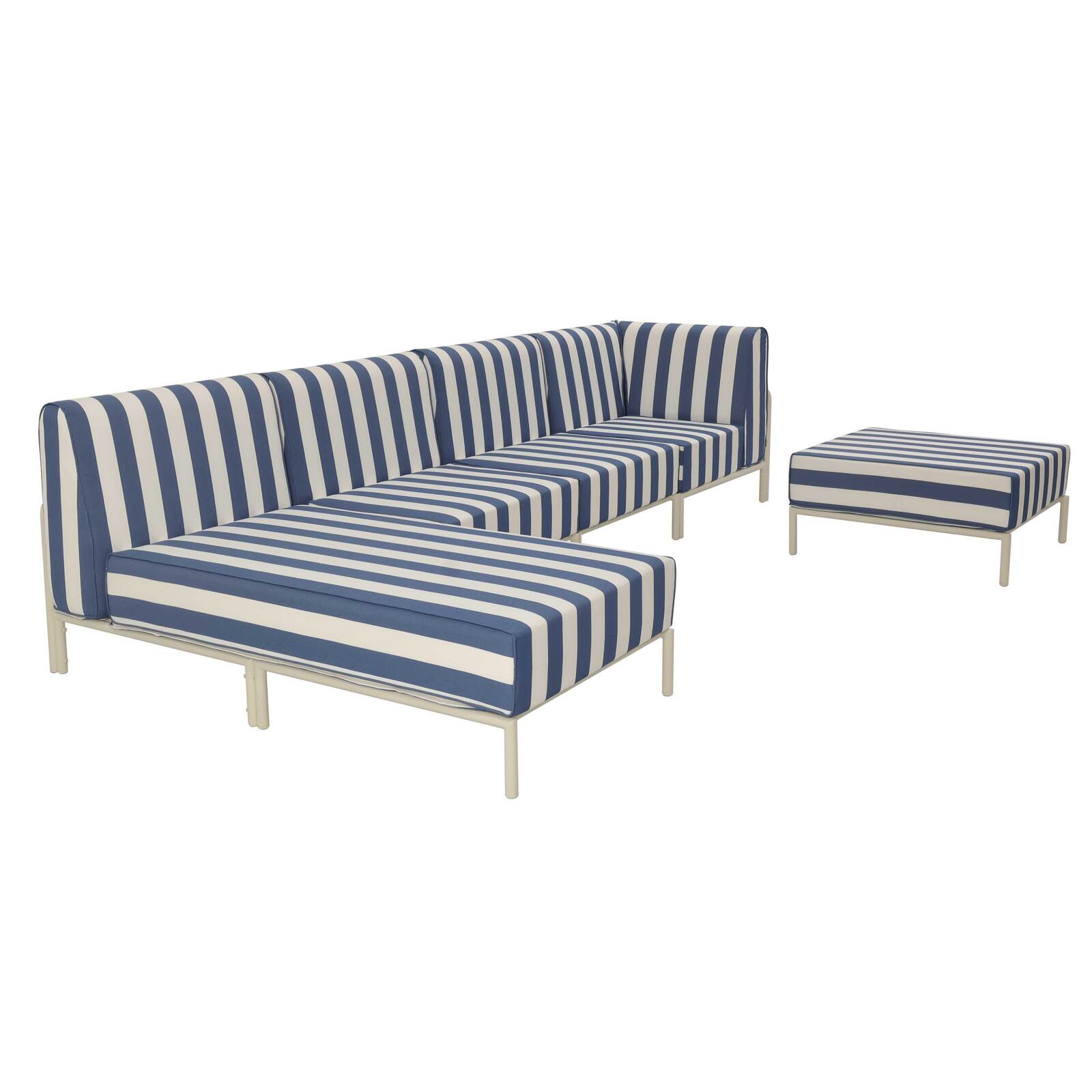 Sofá modular de exterior a rayas para 5 personas con 2 sillones, 1 sillón esquinero, 1 chaise longue y 1 puf