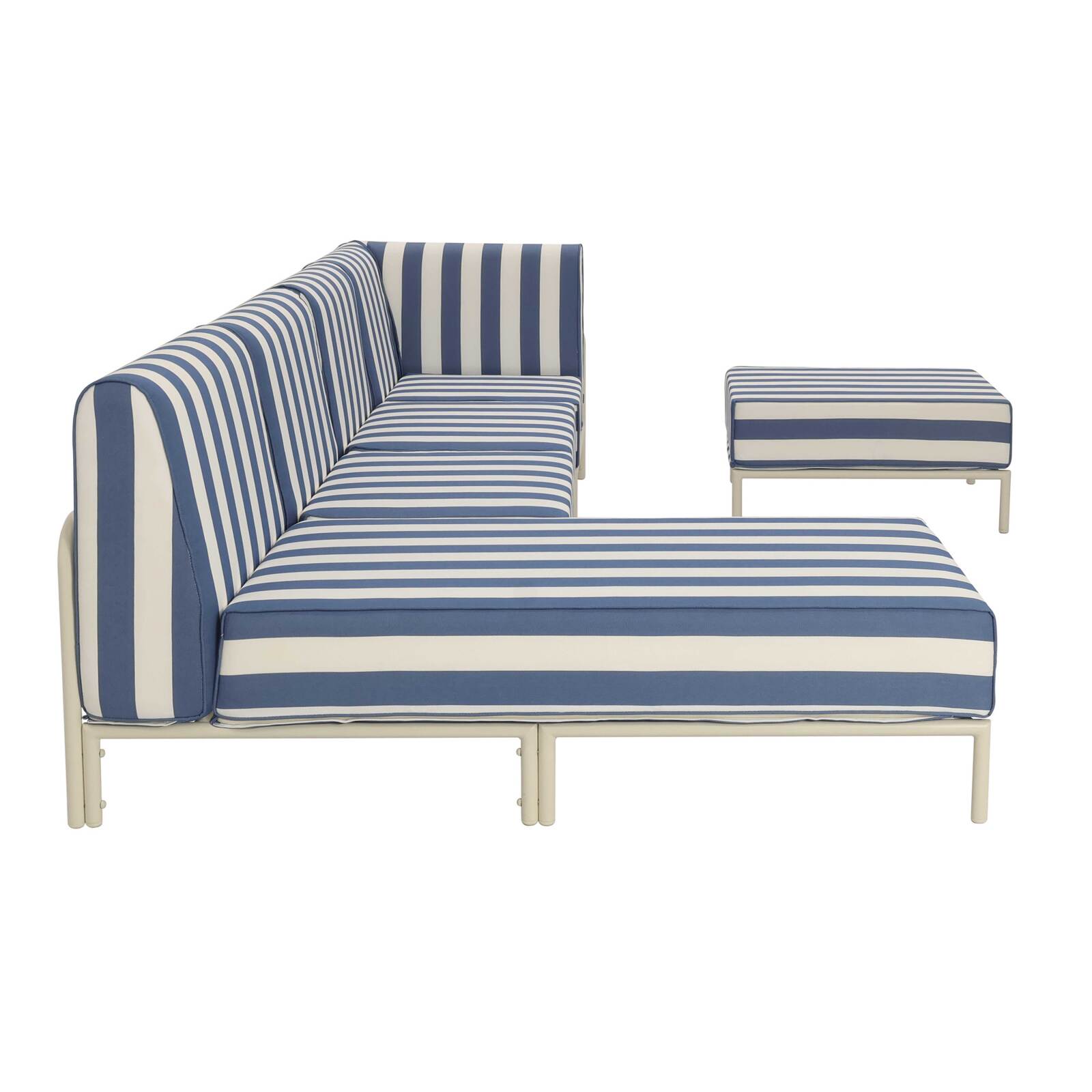 Sofá modular de exterior a rayas para 5 personas con 2 sillones, 1 sillón esquinero, 1 chaise longue y 1 puf