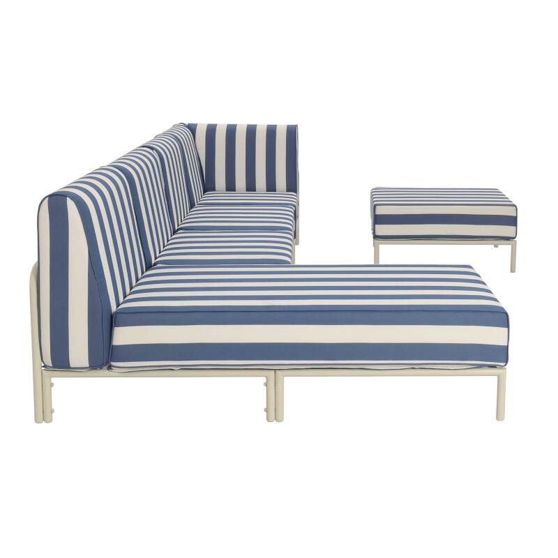 Sofá modular de exterior a rayas para 5 personas con 2 sillones, 1 sillón esquinero, 1 chaise longue y 1 puf (6/7)