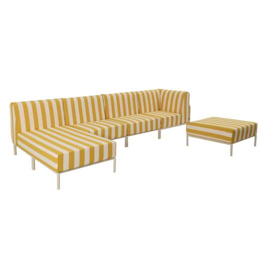 Sofá modular de exterior a rayas para 5 personas con 2 sillones, 1 sillón esquinero, 1 chaise longue y 1 puf