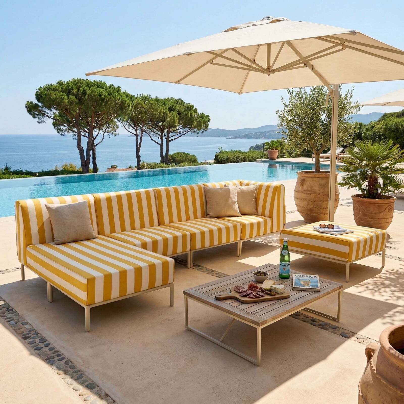 Sofá modular de exterior a rayas para 5 personas con 2 sillones, 1 sillón esquinero, 1 chaise longue y 1 puf