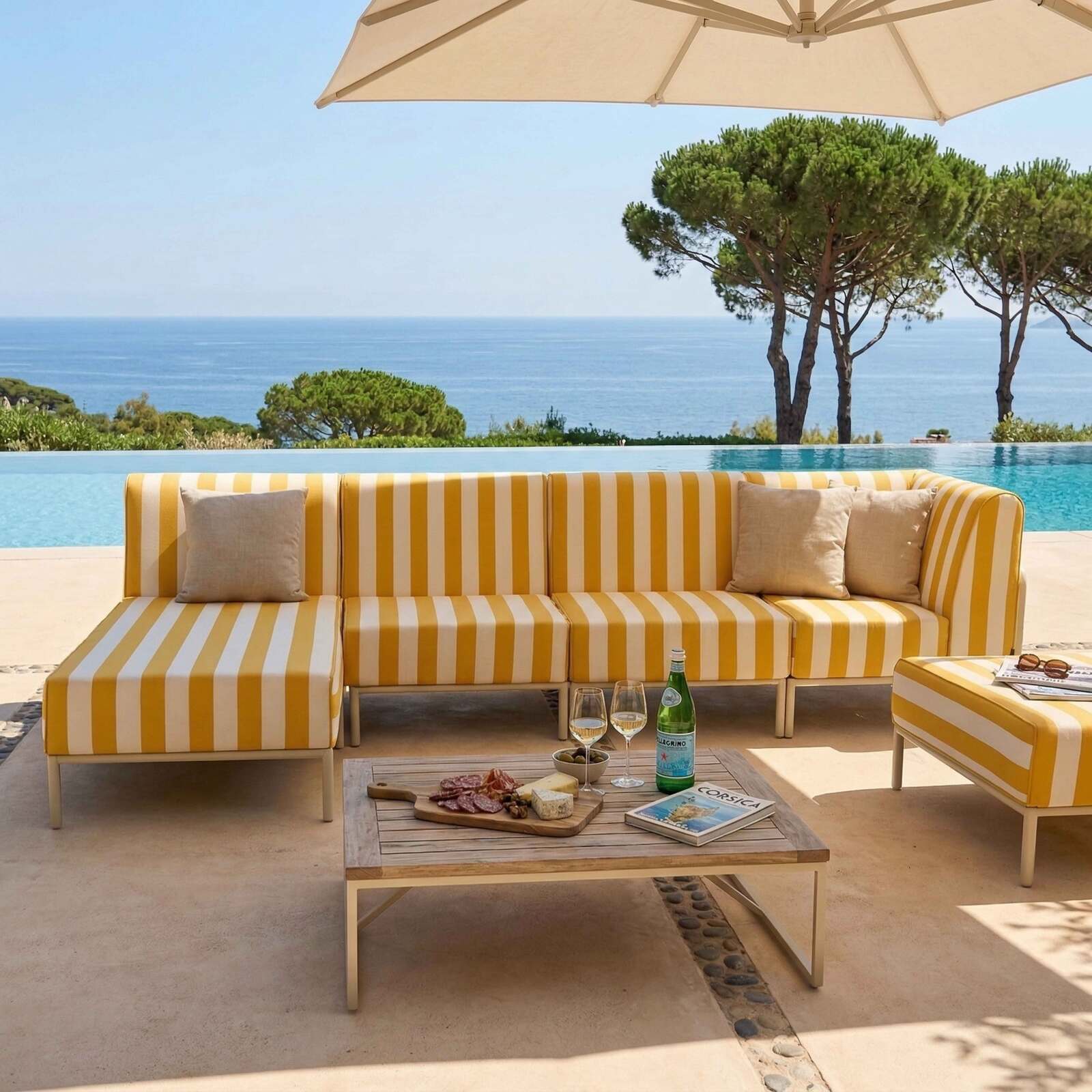 Sofá modular de exterior a rayas para 5 personas con 2 sillones, 1 sillón esquinero, 1 chaise longue y 1 puf