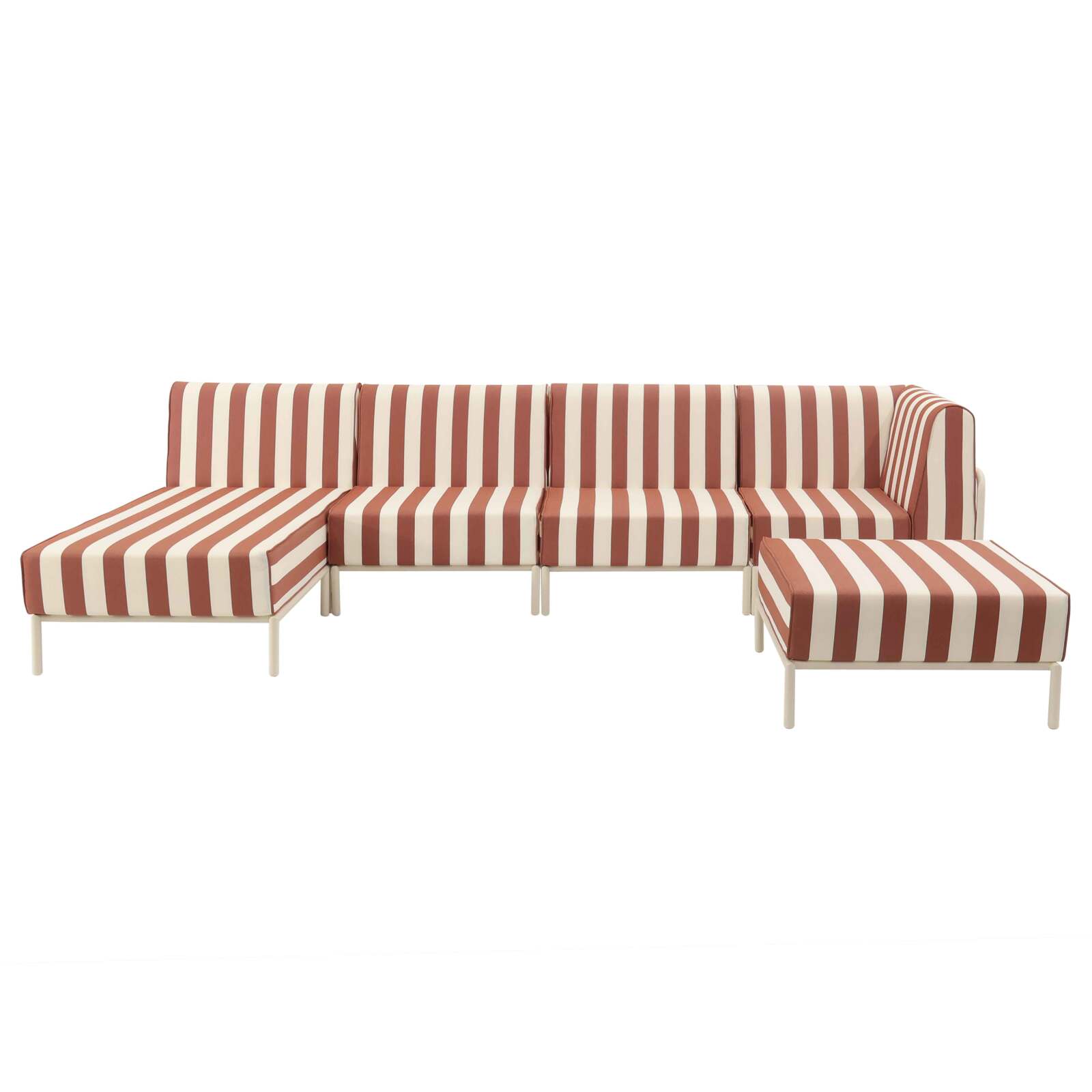 Sofá modular de exterior a rayas para 5 personas con 2 sillones, 1 sillón esquinero, 1 chaise longue y 1 puf