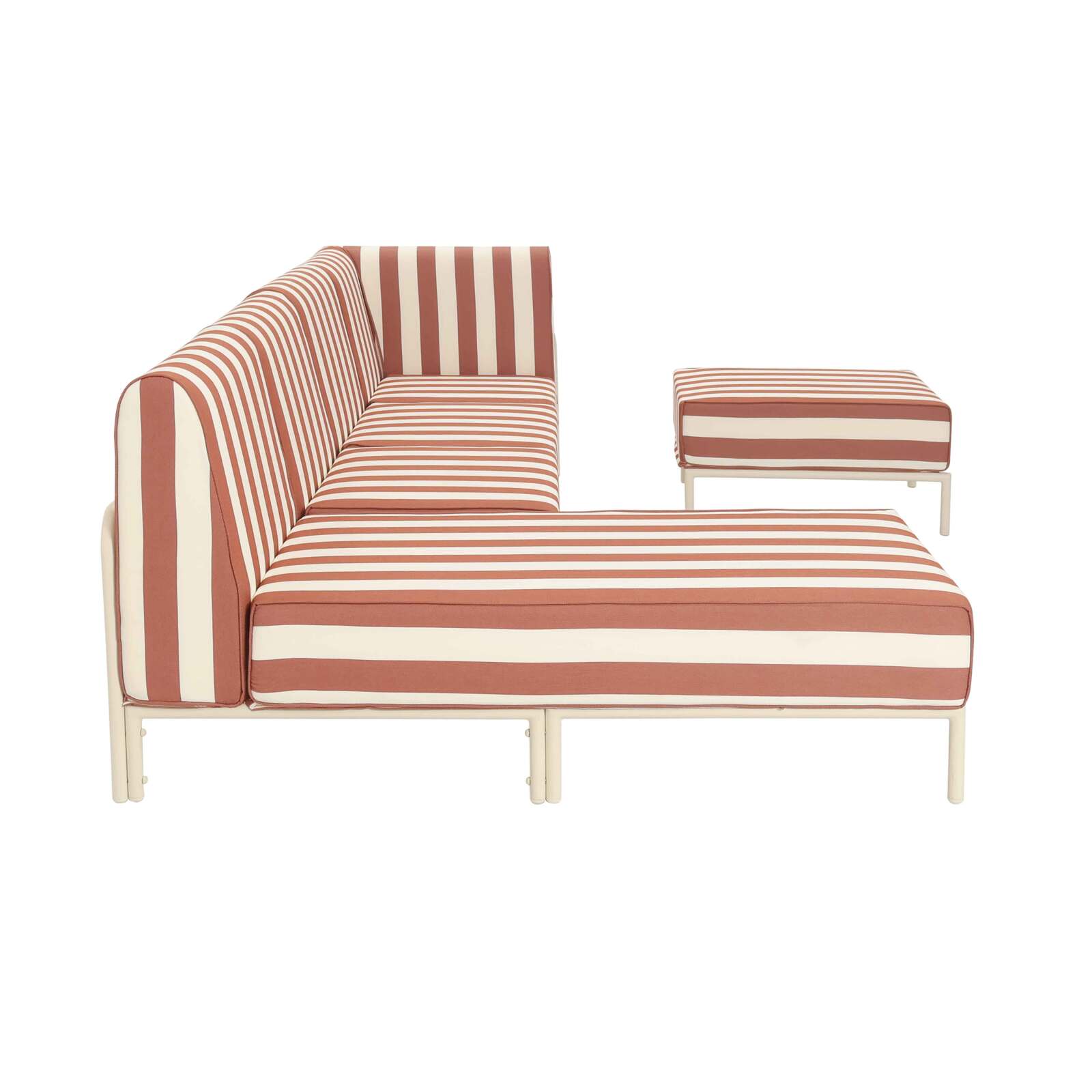 Sofá modular de exterior a rayas para 5 personas con 2 sillones, 1 sillón esquinero, 1 chaise longue y 1 puf