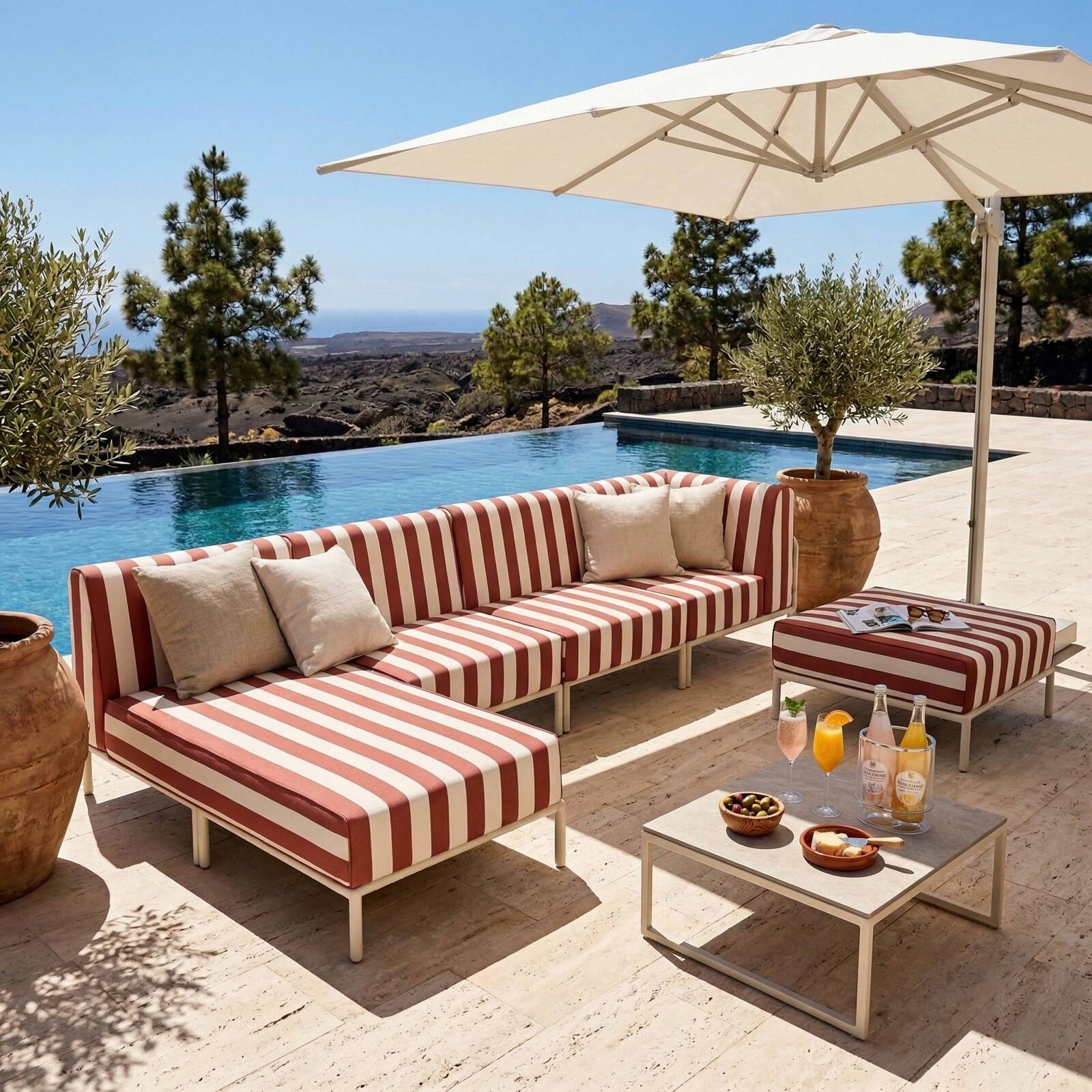 Sofá modular de exterior a rayas para 5 personas con 2 sillones, 1 sillón esquinero, 1 chaise longue y 1 puf