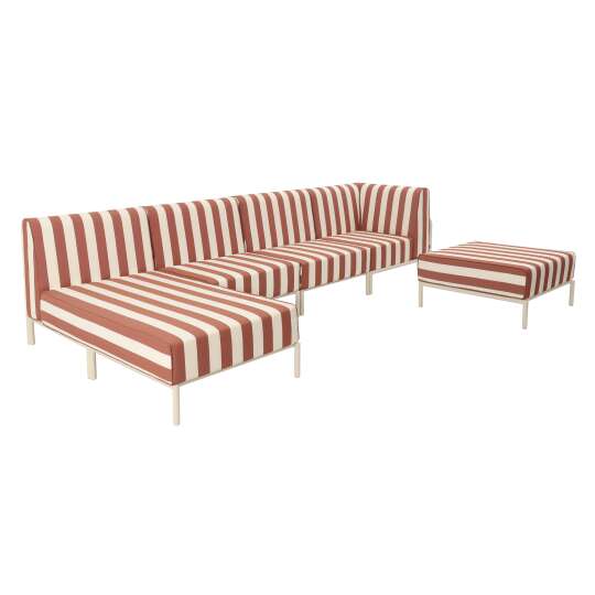 Sofá modular de exterior a rayas para 5 personas con 2 sillones, 1 sillón esquinero, 1 chaise longue y 1 puf