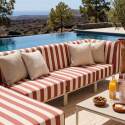 Sofá modular de exterior a rayas para 5 personas con 2 sillones, 1 sillón esquinero, 1 chaise longue y 1 puf