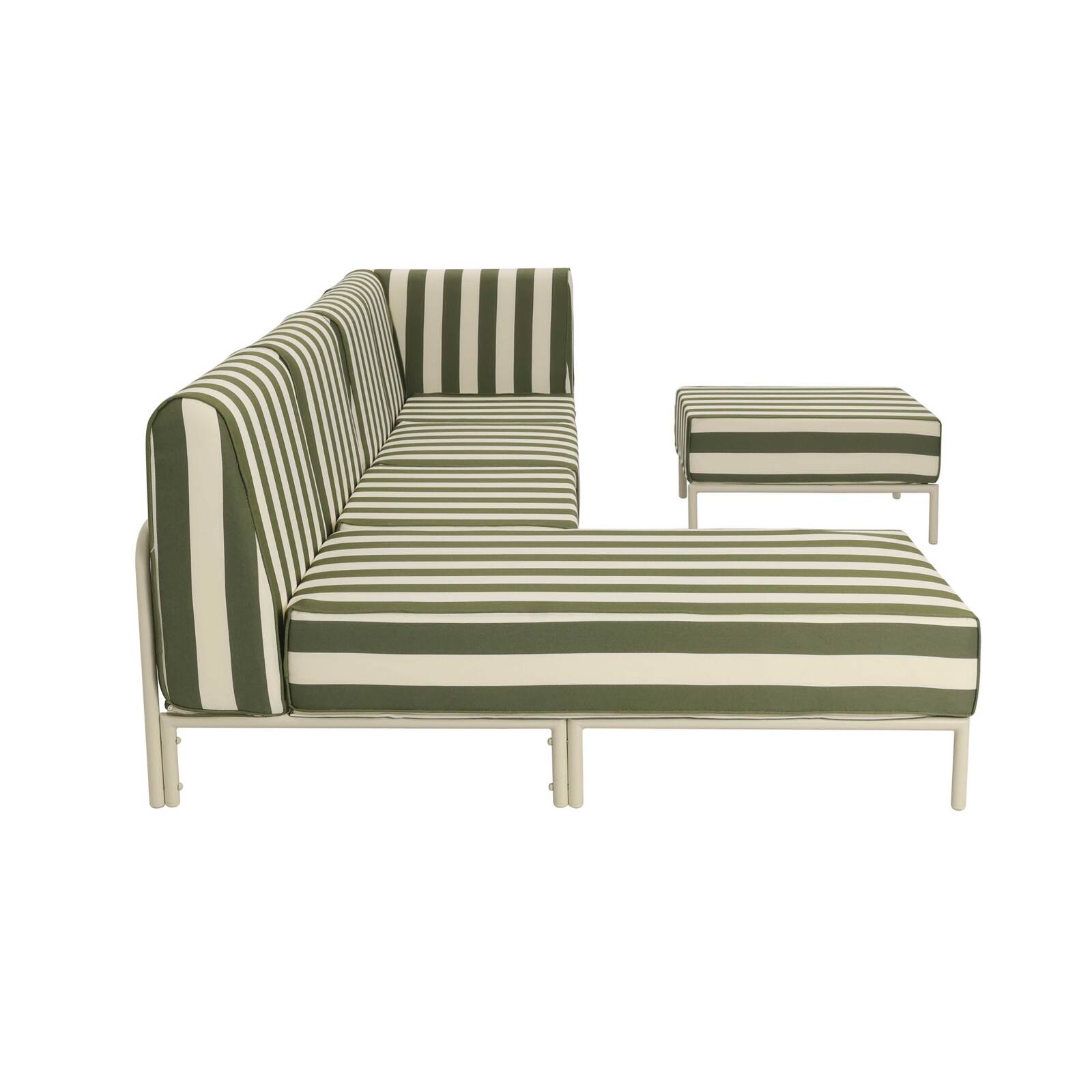 Sofá modular de exterior a rayas para 5 personas con 2 sillones, 1 sillón esquinero, 1 chaise longue y 1 puf
