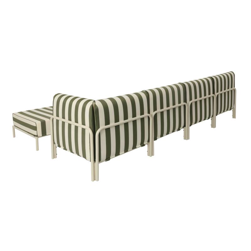 Sofá modular de exterior a rayas para 5 personas con 2 sillones, 1 sillón esquinero, 1 chaise longue y 1 puf (5/8)