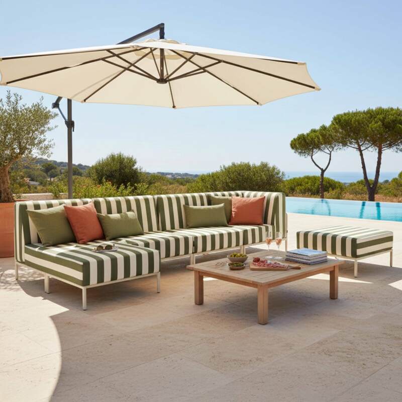 Sofá modular de exterior a rayas para 5 personas con 2 sillones, 1 sillón esquinero, 1 chaise longue y 1 puf