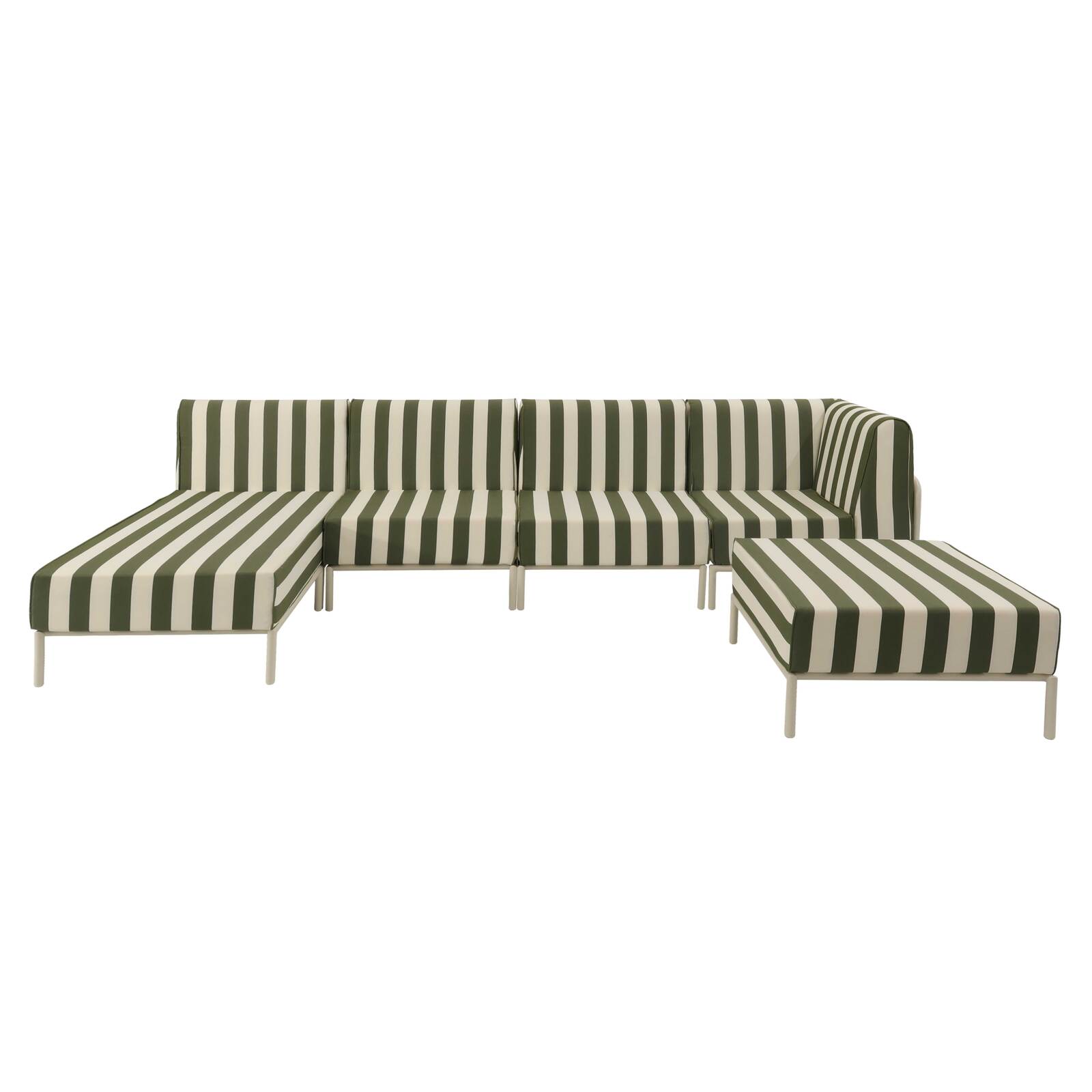 Sofá modular de exterior a rayas para 5 personas con 2 sillones, 1 sillón esquinero, 1 chaise longue y 1 puf