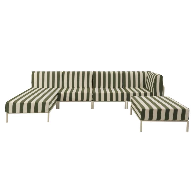 Sofá modular de exterior a rayas para 5 personas con 2 sillones, 1 sillón esquinero, 1 chaise longue y 1 puf (6/8)