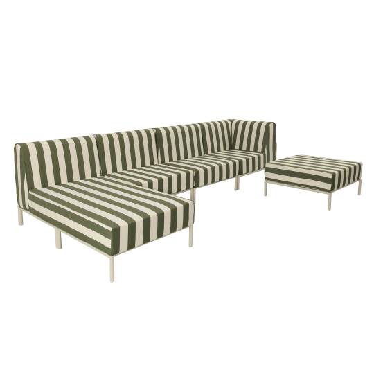 Sofá modular de exterior a rayas de aluminio para 5 personas con 2 sillones, 1 sillón esquinero, 1 chaise longue y 1 puf | Ovial