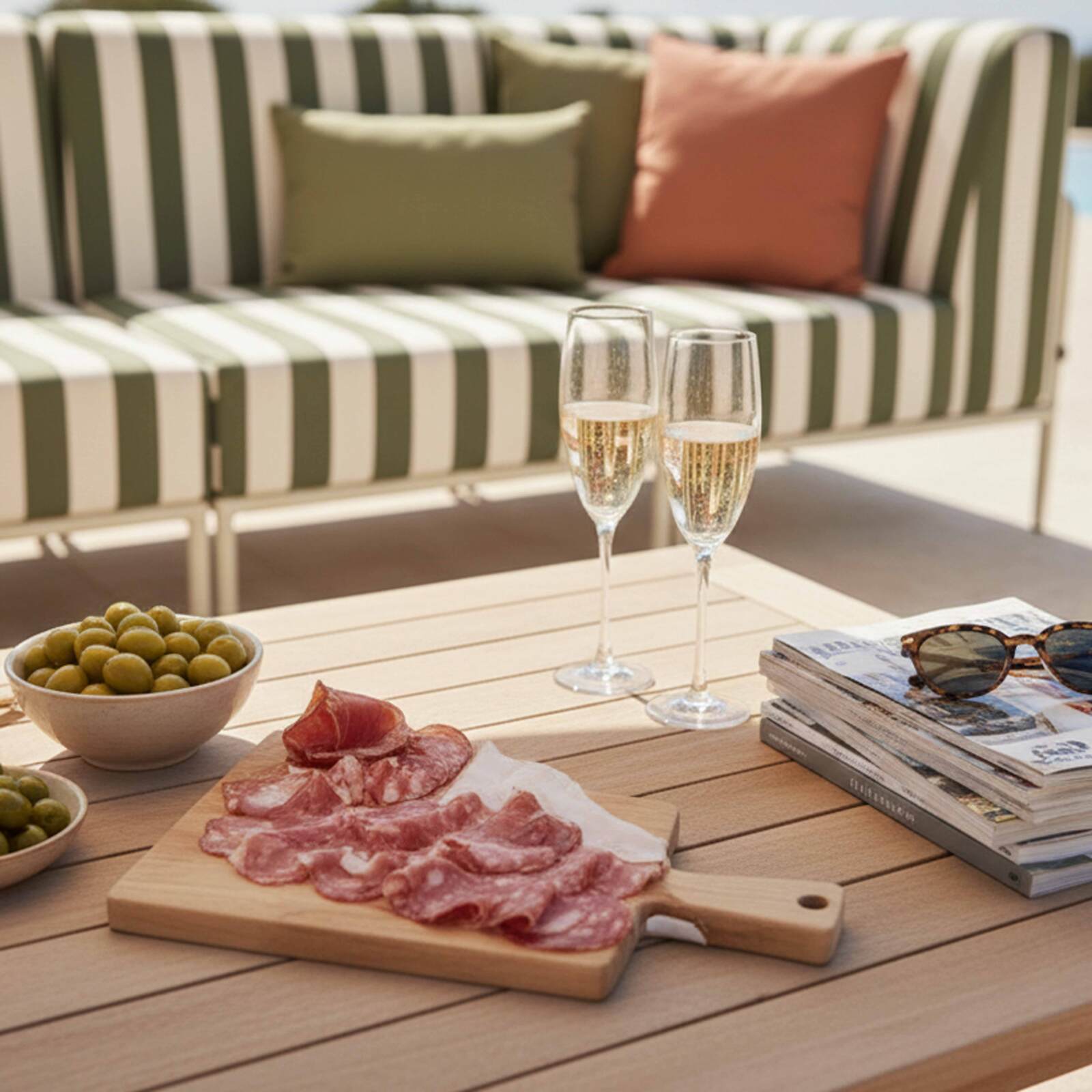 Sofá modular de exterior a rayas para 5 personas con 2 sillones, 1 sillón esquinero, 1 chaise longue y 1 puf