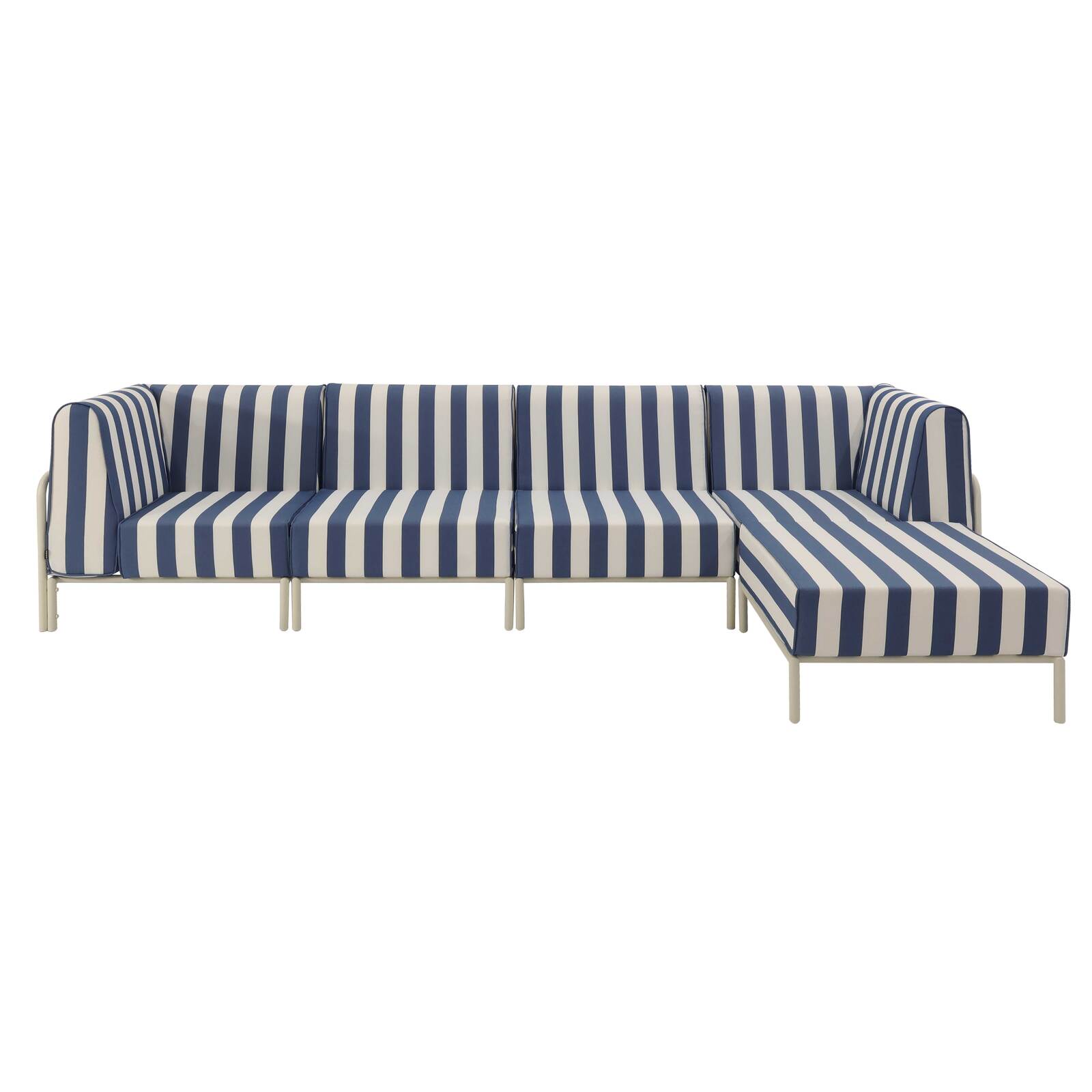 Sofá modular de exterior a rayas para 5 personas con 2 sillones, 2 sillones esquineros y 1 puf