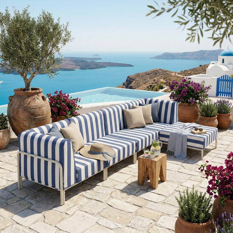 Sofá modular de exterior a rayas para 5 personas con 2 sillones, 2 sillones esquineros y 1 puf