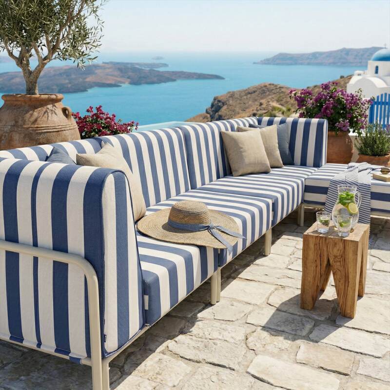 Sofá modular de exterior a rayas para 5 personas con 2 sillones, 2 sillones esquineros y 1 puf (2/7)