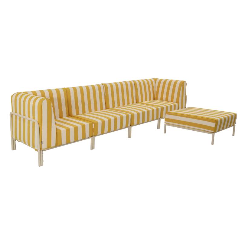 Sofá modular de exterior a rayas para 5 personas con 2 sillones, 2 sillones esquineros y 1 puf