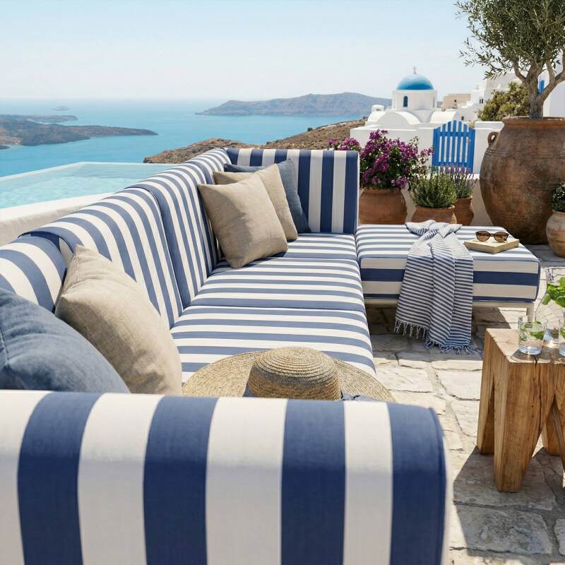 Sofá modular de exterior a rayas para 5 personas con 2 sillones, 2 sillones esquineros y 1 puf (3/7)
