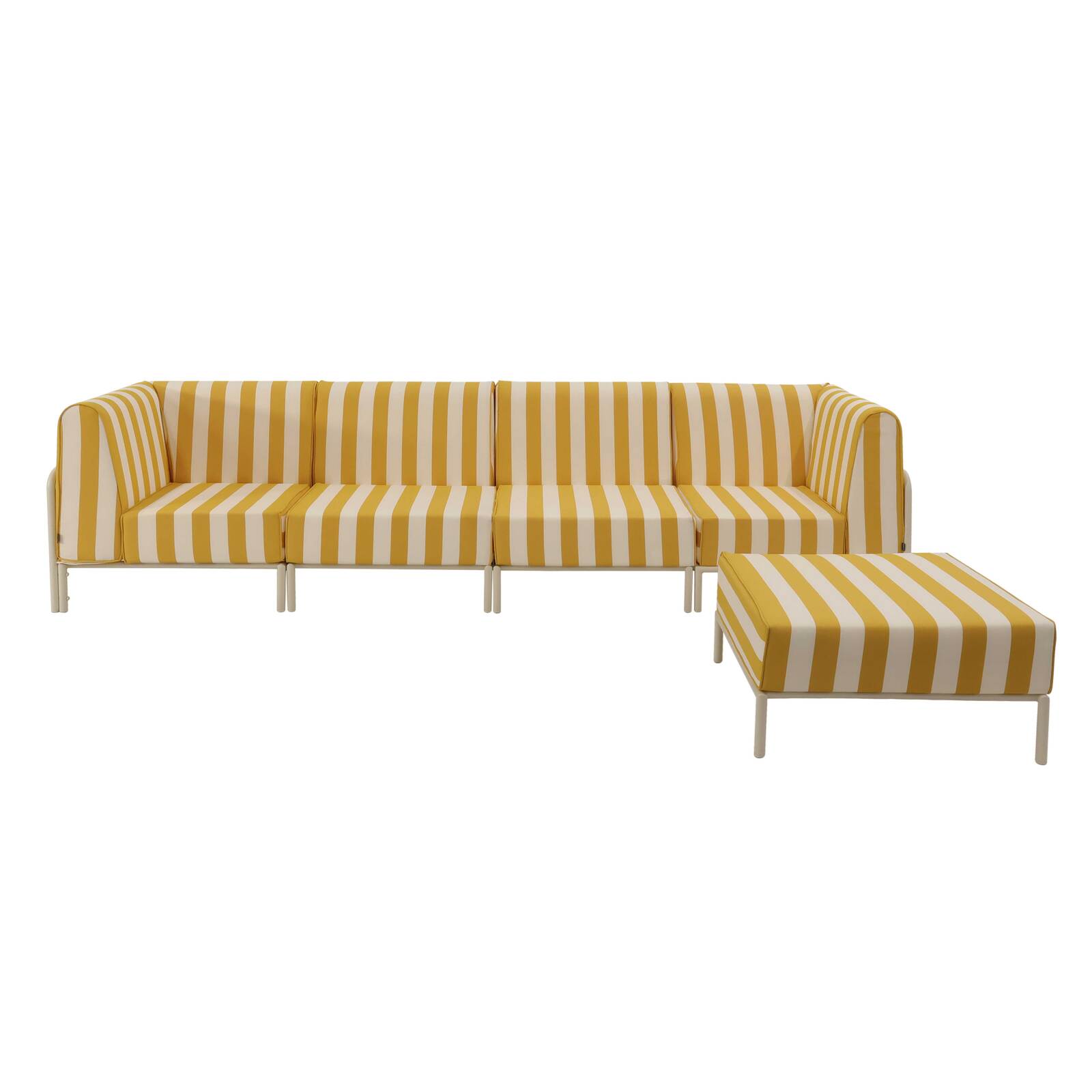 Sofá modular de exterior a rayas para 5 personas con 2 sillones, 2 sillones esquineros y 1 puf