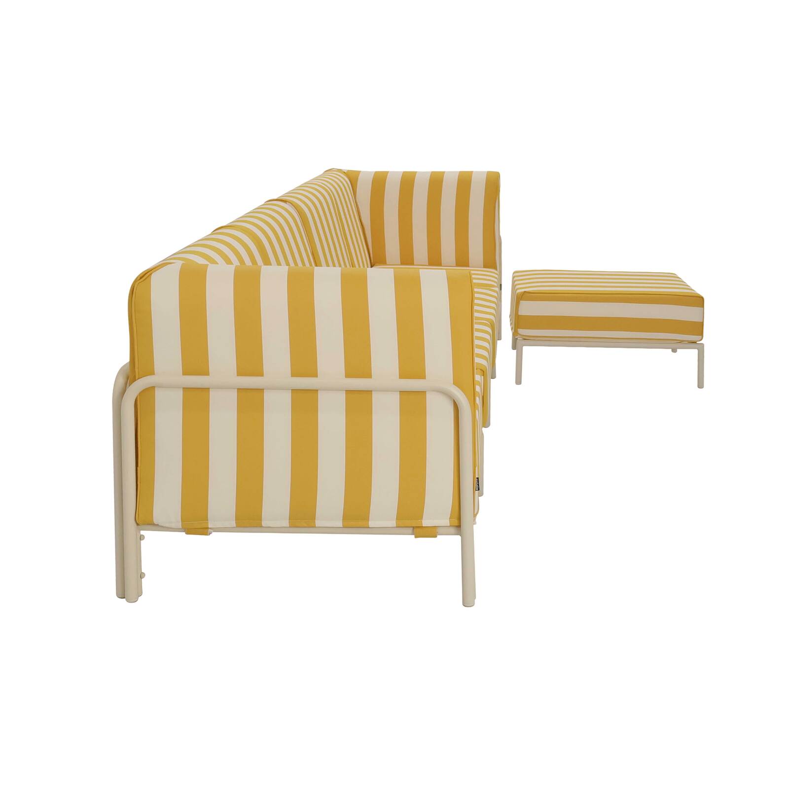 Sofá modular de exterior a rayas para 5 personas con 2 sillones, 2 sillones esquineros y 1 puf