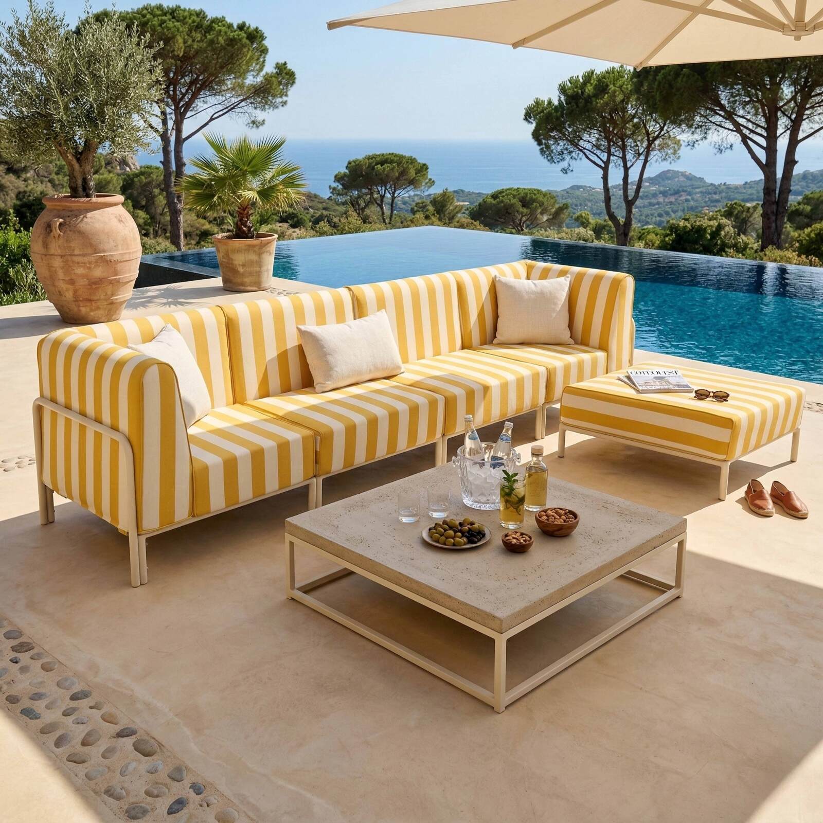 Sofá modular de exterior a rayas para 5 personas con 2 sillones, 2 sillones esquineros y 1 puf