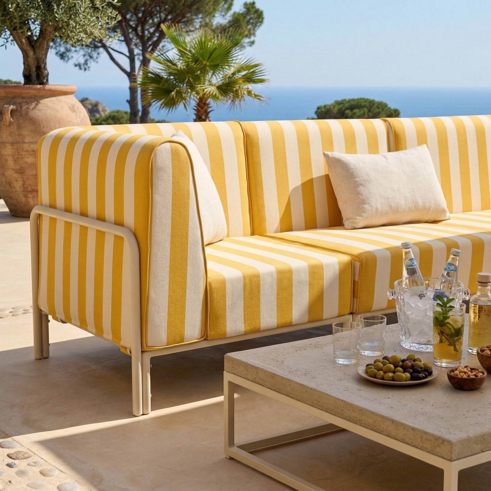 Sofá modular de exterior a rayas para 5 personas con 2 sillones, 2 sillones esquineros y 1 puf