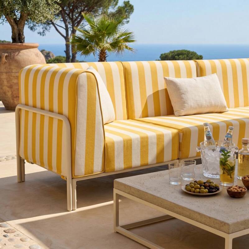 Sofá modular de exterior a rayas para 5 personas con 2 sillones, 2 sillones esquineros y 1 puf (2/7)
