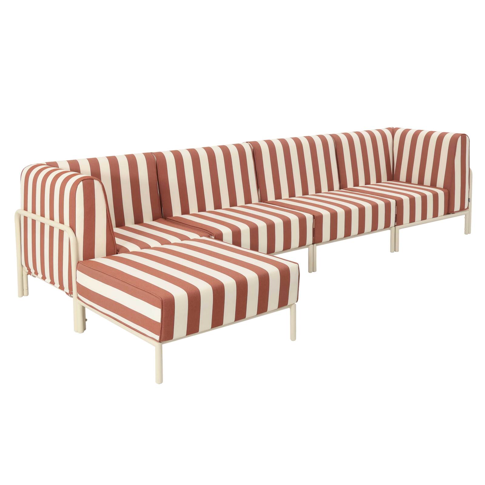 Sofá modular de exterior a rayas para 5 personas con 2 sillones, 2 sillones esquineros y 1 puf