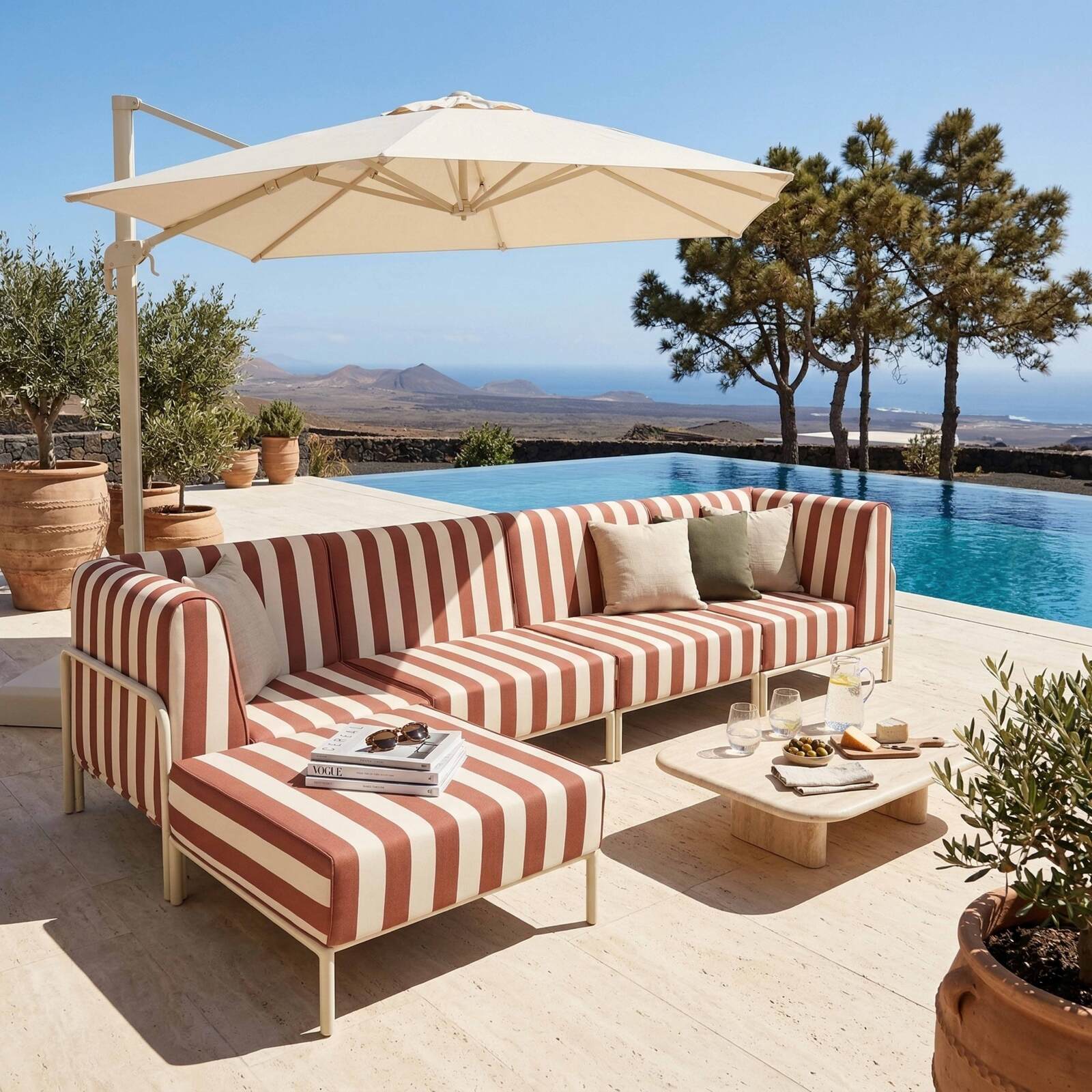 Sofá modular de exterior a rayas para 5 personas con 2 sillones, 2 sillones esquineros y 1 puf