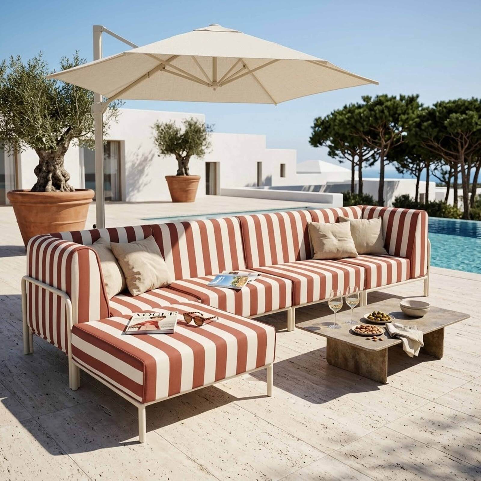 Sofá modular de exterior a rayas para 5 personas con 2 sillones, 2 sillones esquineros y 1 puf