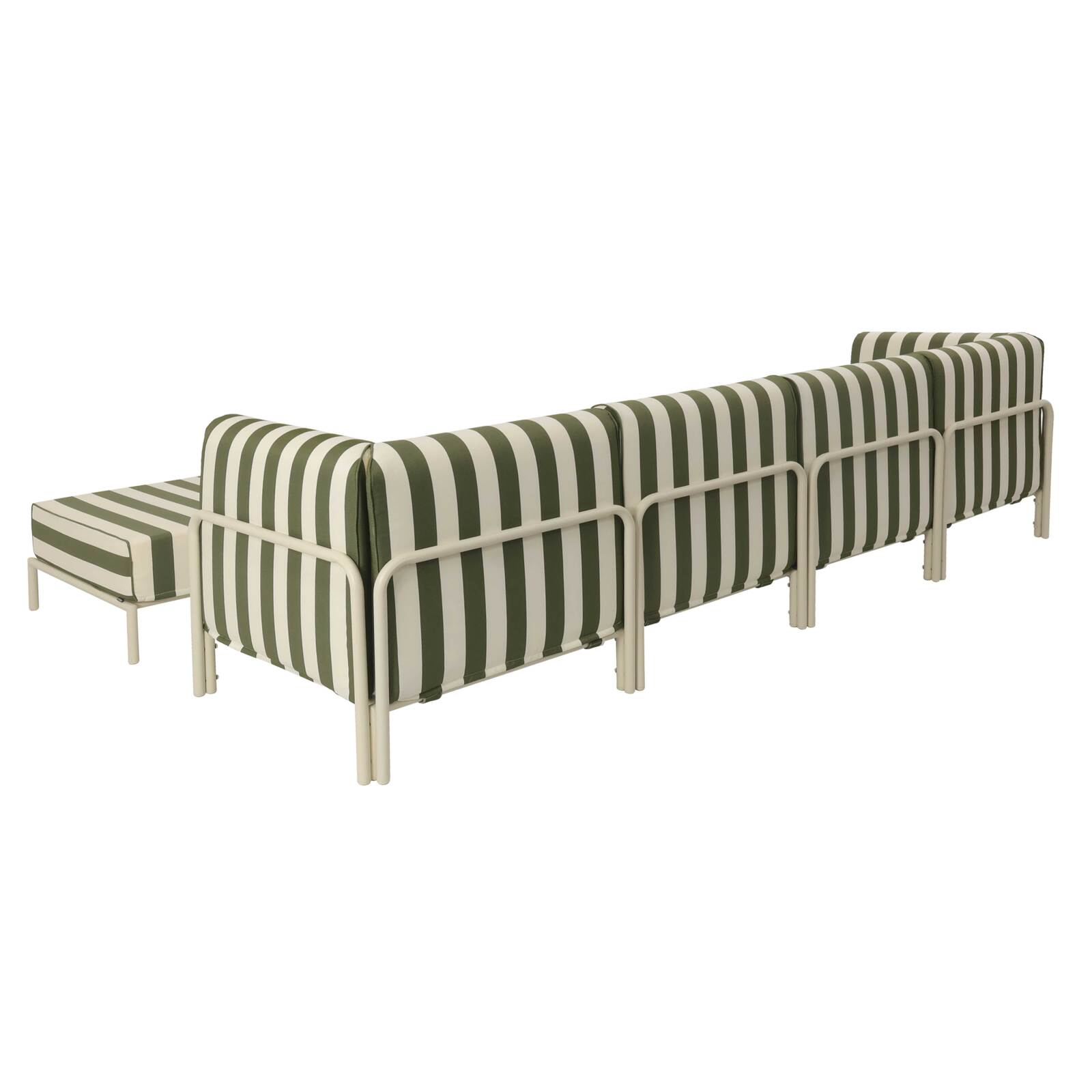 Sofá modular de exterior a rayas para 5 personas con 2 sillones, 2 sillones esquineros y 1 puf